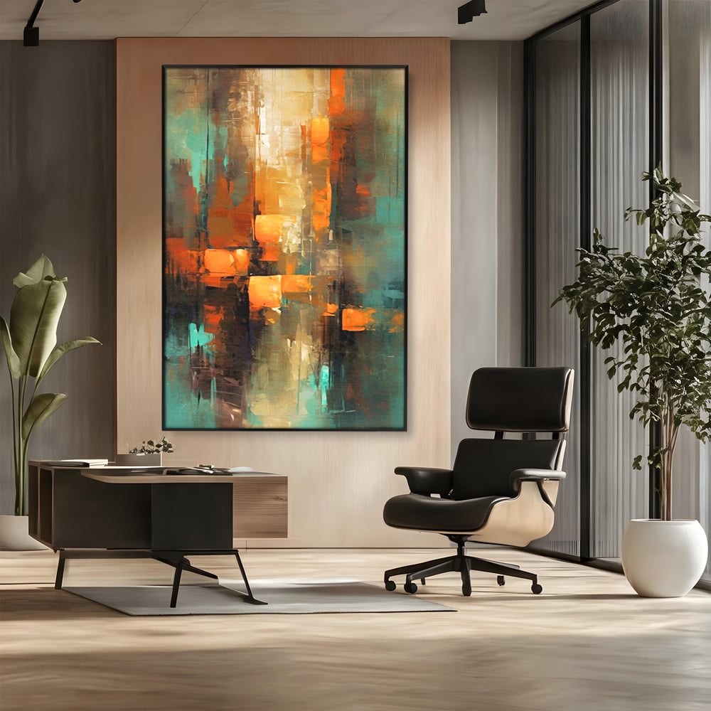 Tablou canvas cu pictura abstracta cu linii verticale, in rama de aluminiu negru, pe perete intr-un birou